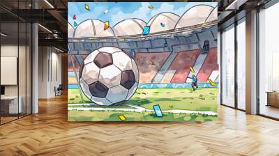 Background for advertising banner in kid's style. A close-up soccer ball lays on the football stadium. For sports marketing, posters, social media graphics, website banners, advertisements. Wall mural