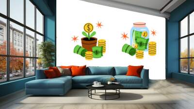 Cartoon money. Different green different dollar banknotes, golden coins. Piggy bank, credit card, jar and wallet. Bank symbols. Investment earnings and income. Finance business stickers, vector set Wall mural