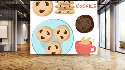 Coffee and cookies set. Cup of tea with milk and american oatmeal cookies with chocolate. Food and drink delicious illustration. Hand drawn doodle cartoon vector collection of products Wall mural