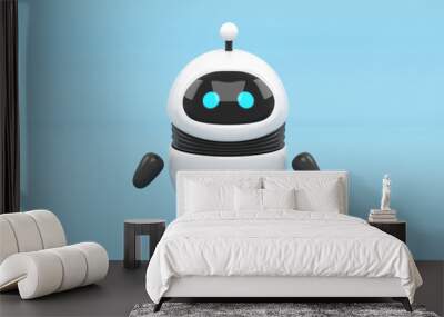 Cute white robot with screen face and blue eyes, 3d render isolated on white background, rounded bot assistant Wall mural