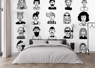 Doodle people. Hand drawn male and female faces, social media user avatars collection, hipster man and woman portrait, modern human icon. Line black and white vector isolated cartoon set Wall mural