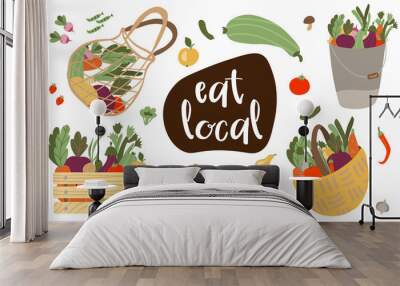 Eat local lettering vegetables and greens. Farmers market concept illustration with fresh vegetables isolated on the white background. Farmer, organic, vegan. Flat cartoon vector illustration Wall mural