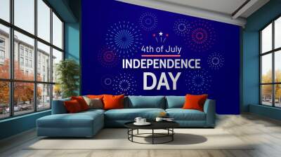 fourth of july celebration in usa. independence day greeting banner with text and fireworks on blue  Wall mural