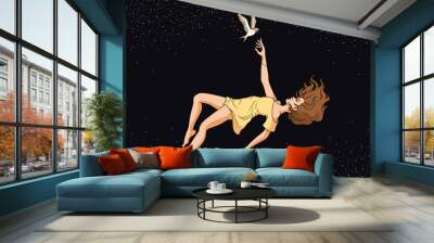 Girl flying down with a bird. Levitation, fall, starry sky, space. Vector illustration Wall mural