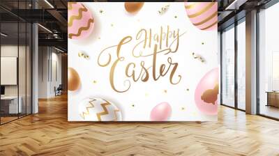 Happy Easter beautiful banner design concept with golden, white and pink realistic ornate eggs, handwritten lettering and gold confetti on light background. - Vector illustration Wall mural