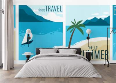 Hello summer poster set. Seaside with palm. Sand, mountains and ocean, paradise landscape, summer vacation card with text, travel background. Tropical resort banner. Vector beach illustration Wall mural