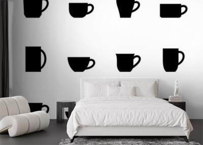 Set of cups isolated on white. Different shapes of cups. Collection of mugs. Elements for your kitchen or cafe design. Black silhouettes of cups. Wall mural