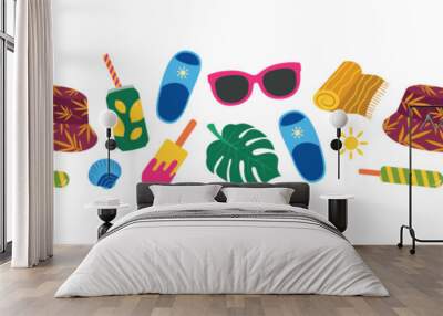 Summer seamless border. Soda, beach towel, flip flops, ice cream, monstera. Modern vector illustration for summer design Wall mural