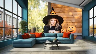 Halloween girl,Girl dressed as a witch, Halloween, pumpkin Wall mural