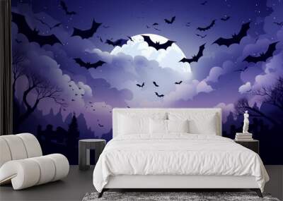 Halloween night - Spooky Moon in cloudy sky with bats, scary Wall mural