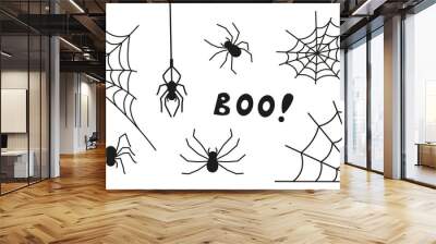 Vector set of design elements for Halloween. Image of different webs and spiders in doodle style. Set of icons with insects. Wall mural