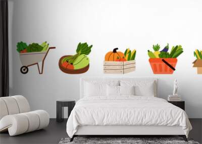 Vegetables. Grocery products in eco package, box and bag, trolley and basket. Modern shopper with fresh organic healthy vegetarian food. Local market. Autumn harvest cartoon flat vector illustration Wall mural