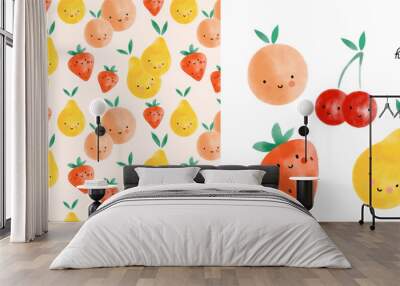 Watercolor fruit seamless pattern. Cute cartoon character with eyes and smiles, peach, pear and strawberry. Childish nursery and textile decor. T-shirt print, wrapping paper, wallpaper design vector Wall mural