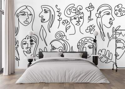 Woman portrait line art. Single line girls faces, abstract minimalist beautiful characters, hand drawn collection, vector outline set isolated on white background Wall mural