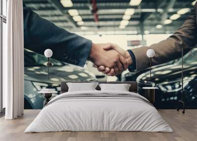 defocused handshake in an automotive workshop, with car prototypes and mechanics in the background, in an automobile industry Wall mural