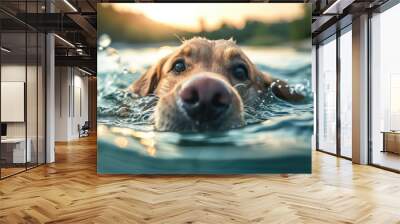 dog swimming in a lake, summer splash Wall mural