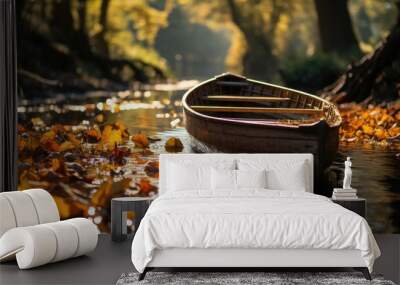 kids riding boat ship at autumn lake Wall mural