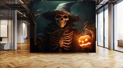 skeleton witch holding pumpkin halloween lamp Wall mural