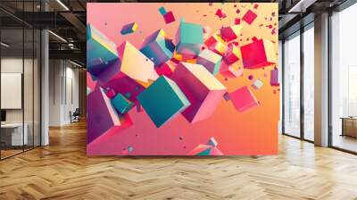 abstract geometric composition with 3d pink red cubes digital art illustration Wall mural