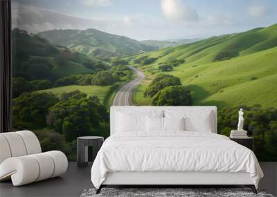 aerial view scenic road through a lush green valley surrounded by rolling hills trip through lush green countryside sunny day Wall mural