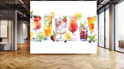 set of watercolor colorful cocktails. drawings of cocktail glasses with berries and fruits, illustration set of refreshing summer cocktails Wall mural