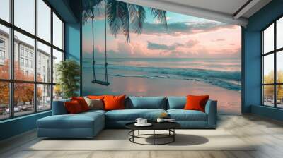 swing is attached to a palm tree on a sandy tropical beach by the ocean pink clouds sunset creating a tranquil scene with a perfect copy space image Wall mural