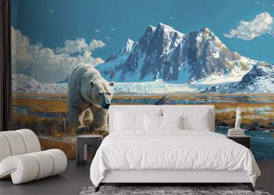 Polar bear on grass due to melting arctic ice, illustrating the concept of climate change Wall mural