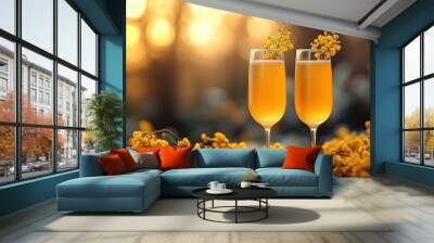 There are two mimosa drinks glittering on a table adorned with yellow flowers, setting off a bright and joyous mood. Wall mural