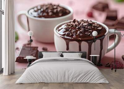 Two Delicious Chocolate Lava Cakes in White Mugs on a Pink Tabletop Wall mural