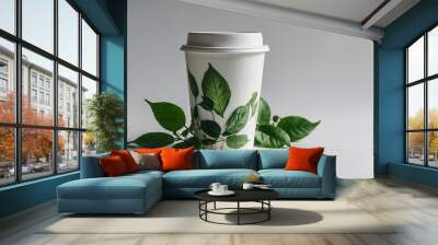 A white  paper coffee cup with green concept Wall mural