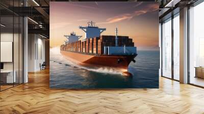 Loaded container cargo ship traveling over open ocean, different angle view photography Wall mural