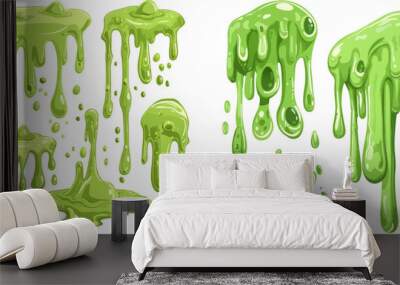  Green sticky alien slime blobs, spooky halloween toxic slime dripping vector illustration set Wall mural