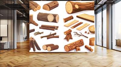  Tree trunk, woodwork planks and logging twigs, lumber industry chopped firewood material isolated vector illustration icons set Wall mural