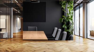 3D mockup of manager's modern consulting room with plant and minimalistic furniture wooden table and chairs computers Wall mural