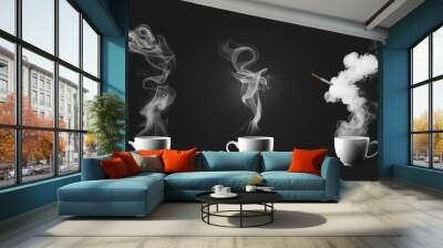 3D Modern illustration, set of tea smoke, coffee cup, steam from food, realistic white cigarette or hookah steam trail, hot dish or mug haze. Wall mural