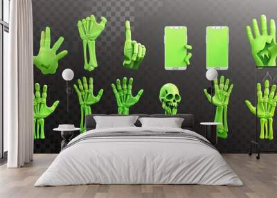 3D modern illustration of zombie hand gestures on transparent background. Green monster fingers point, ok, victory, hello, call me gestures, holding smartphone and chat icon. Wall mural