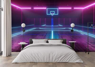 3D render, neon basketball field scheme, virtual sport playground, sportive game, pink blue glowing line isolated on black. Wall mural