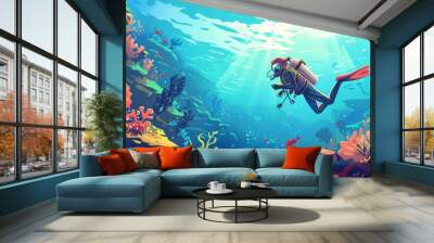 A 2D underwater landscape with a scuba diver woman exploring the sea bottom in her diving mask. The background is animated with separated layers in the style of a cartoon modern illustration. Wall mural