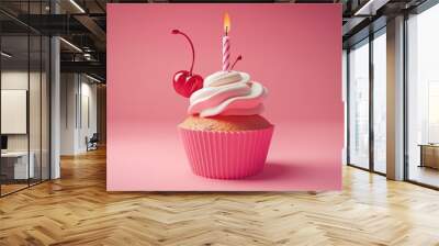 A 3D birthday cake with a candle modern dessert icon. A cherry and cream cupcake with a simple decoration. Isolated bakery sweet snack for cafe confectionery valentine menu. Happy anniversary gift to Wall mural