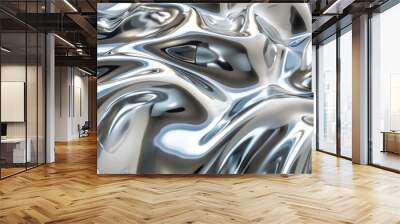 A 3D render of a silver shiny metallic fluid glossy chrome mirror background texture Wall mural