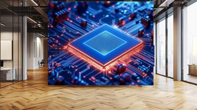 A background of circuit boards with microchip processor technology on a dark blue background. An illustration of hi-tech circuit boards on a modern background. Wall mural