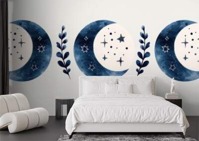 A blue floral moon phase illustration. A vintage crescent and floral moon logo design. Wall mural