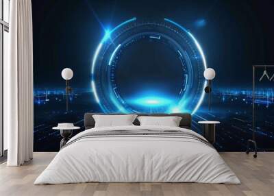 A blue hologram circle interface for a digital data network. This is perfect for any hi-tech, science and technology or futuristic concept. Wall mural