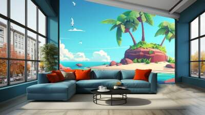 A cartoon 3D beach island background for a summer vacation. Wall mural