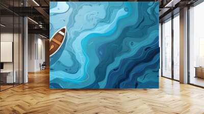 A cartoon illustration of a top view boat in blue water. A wooden dinghy with paddle floating in a river. A fantasy adventure topview lake banner. Wall mural