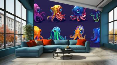 A cartoon octopus sea animal, with long tentacles and colorful skin. A water kraken, cephalopods characters with big eyes and feelers in different poses. Wall mural