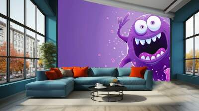 A cartoon of a bacteria character, a one-eyed virus or germ, a smiling pathogen monster with a happy face, a toothy microbe with a purple body, a long tail, and a short tail. Modern illustration of a Wall mural