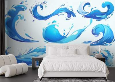 A cartoon sea wave icon with water splashes, drops, and splashes of liquid. Liquid swirls and blue sprays in two-dimensional abstract motion design. Isolated aqua energy stream and fluid ripple. Wall mural