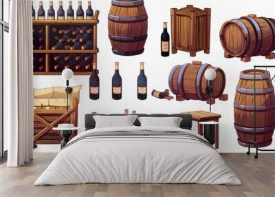 A cartoon set of wine bottles and barrels, wooden casks, a shelf, a rack, and a box with alcohol. Modern illustration for a winery cellar, a restaurant basement, or a wine shop storage room. Wall mural