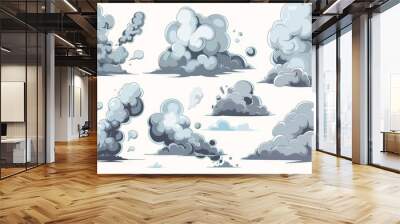 A cartoon smoke cloud. Steam explosion dust fight animation fog movement smog motion game smoke. Modern gas blast set. Wall mural